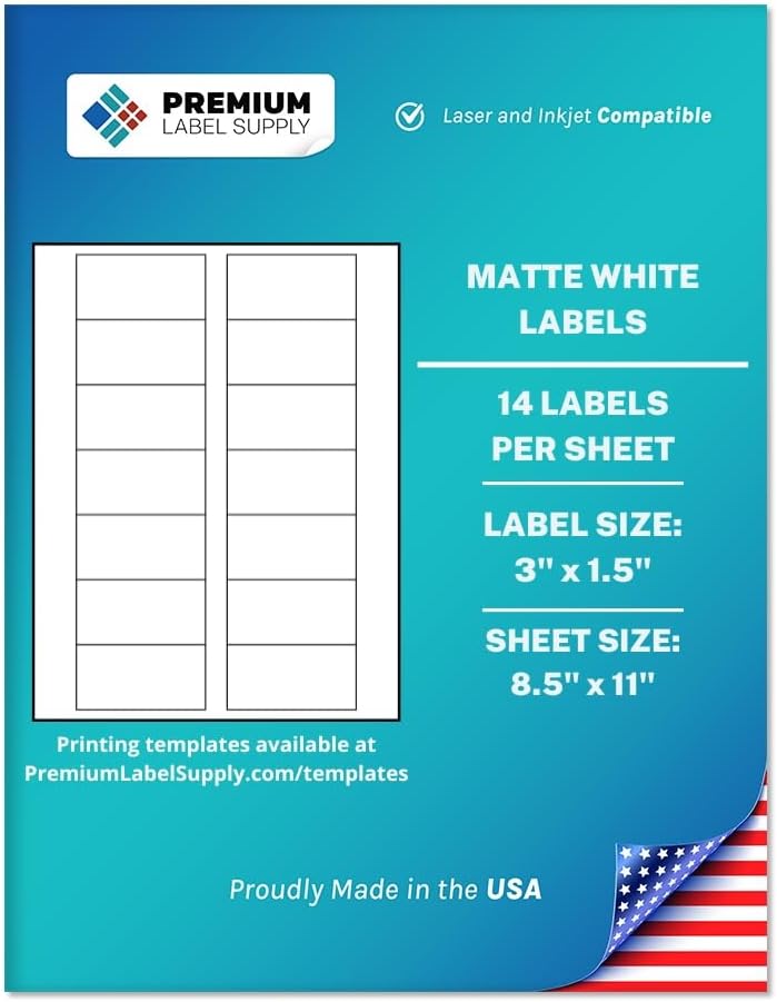 Premium Label Supply White Sticker Bottle Labels – 3" x 1.5" – Laser/Inkjet Compatible – (14 per Sheet), 500 Sheets – 7000 Total Adhesive Labels