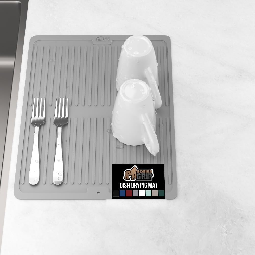 GORILLA GRIP 100% BPA-Free Patented Silicone Dish Drying Mat for Kitchen Counter, Water Catching Ribbed Design, Easy Clean Waterproof Sink Liner, Heat Resistant, Fits Under Rack, 13x11 Inch, Gray