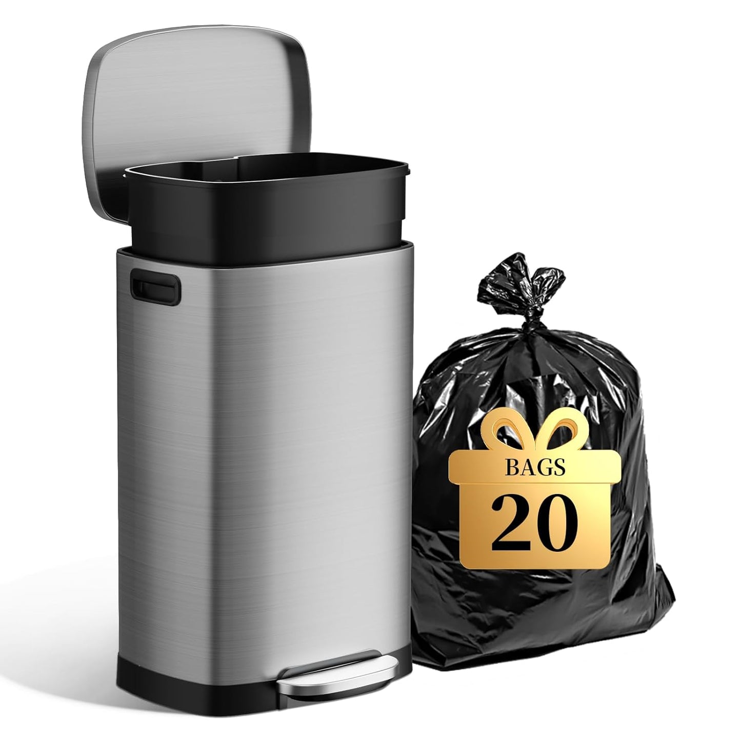 13 Gallon Trash Can with Lid, 50L Fingerprint Proof Stainless Steel Kitchen Trash Can with Removable Inner Bucket and Lid Soft Close, Pedal Rubbish Bin for Home Office（Silver）