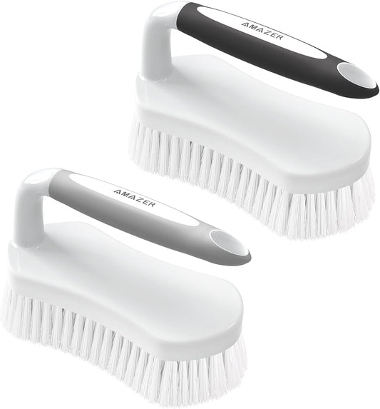 Amazer Scrub Brush for Cleaning Comfort Grip Bathtub Scrubber Stiff Bristles with Handle Heavy Duty Shower Cleaner Brush for Tub Carpet Floor Sink Outdoor - Pack of 2 (Black+Grey)