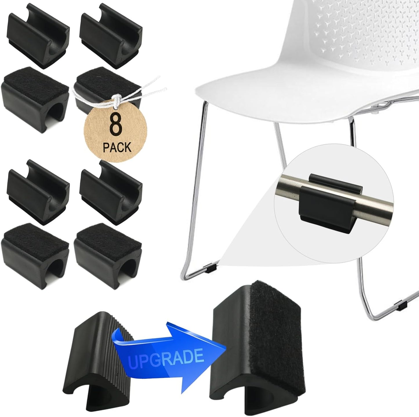 Rectangle U Shaped Chair Leg Tips Cap with Felt Pads,Furniture Feet Protectors Slide Smoothly Glides,Protect Hardwood Floor No Scratches No Noise,Fit 16mm(5/8inch) Diameter Tubular Legs (Black 8PCS)