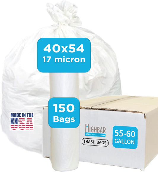 Large Garbage Bag - 55-60 Gallon Capacity, Heavy Duty, High Density, Tear Resistant, Unscented, Extra Strength for Commercial, Industrial, Office, House, Lawn, Events, Bulk Qty 150 Bags