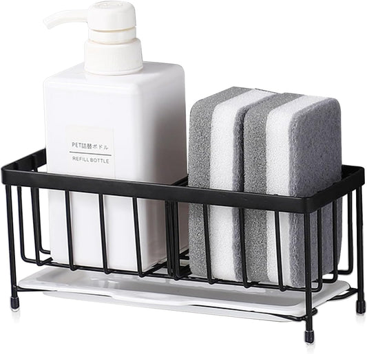 Kavciva Sink Caddy Sponge Holder,304 Stainless Steel Dish Brush Holder,Kitchen Countertop Sink Rack,Dish Soap Holder,Dishwashing Tool Drying Tray with Adjustable Partitions,Essential Kitchen Shelves