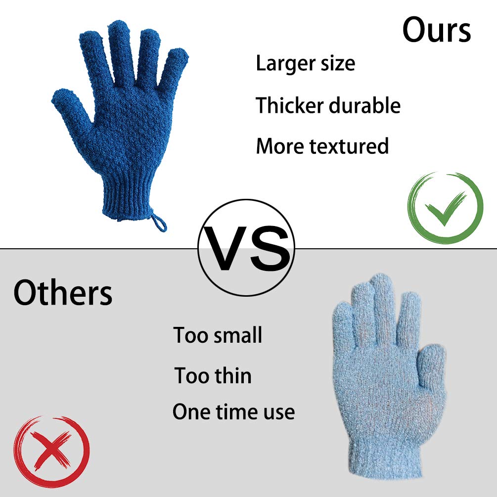 Bath Exfoliating Gloves Scrub - 4 pcs (2 Pair) Lengthened and Large Exfoliating Scrubbing Gloves for Shower, Spa, Massage - Scrub Exfoliating Mitts for Body, Face, Hand and Foot（Blue and Pink）