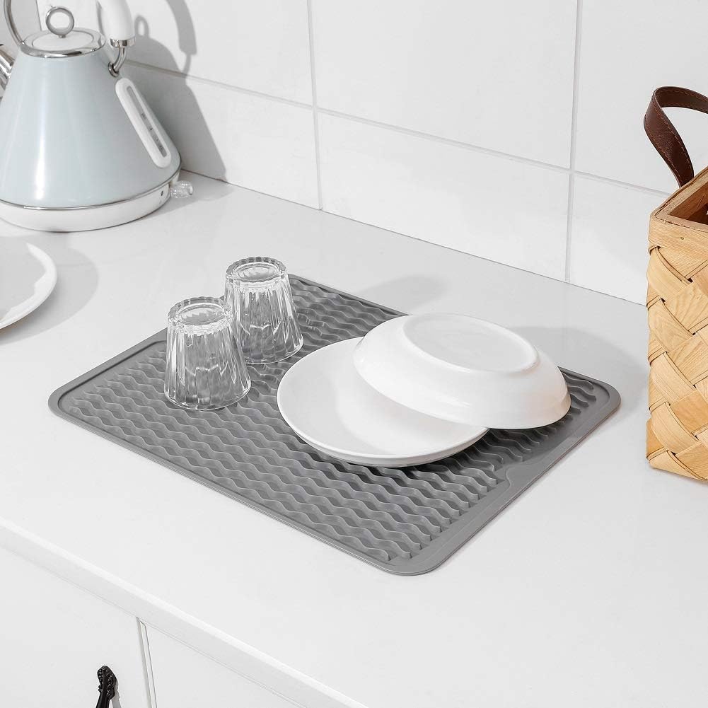 Silicone Dish Drying Mat for Multiple Usage,Easy clean,Eco-friendly,Heat-resistant Silicone Mat for Kitchen Counter or Sink,Refrigerator or drawer liner Grey L 16 inches x 12 inches