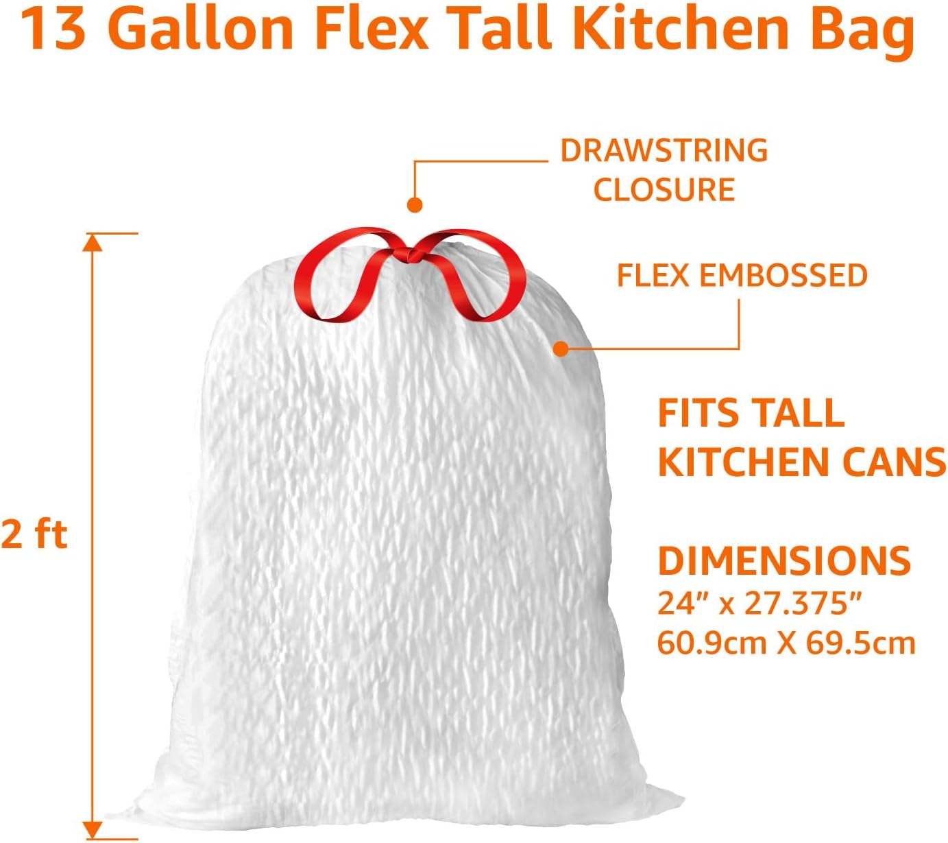 Amazon Basics Ultra-Force Tall Kitchen Drawstring Trash Bags, Lavender Scented, 13 Gallon, 80 Count, Pack of 1