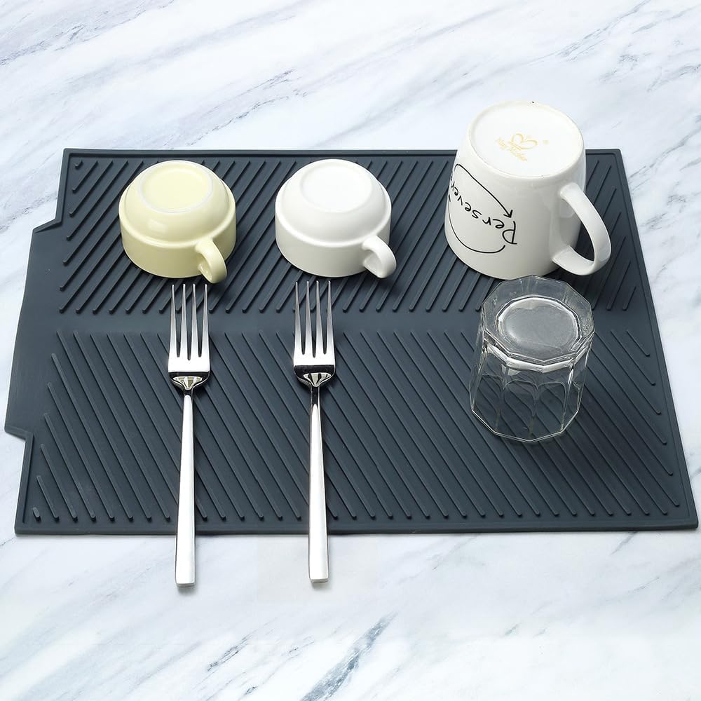 Silicone Dish Draining Mat, Eco Friendly Dish Drying Mat Kitchen Counter Anti-Skid and Heat Insulation Pad, Sink Drainer Mat with Dense Drainage Grooves (S (15"×10"))