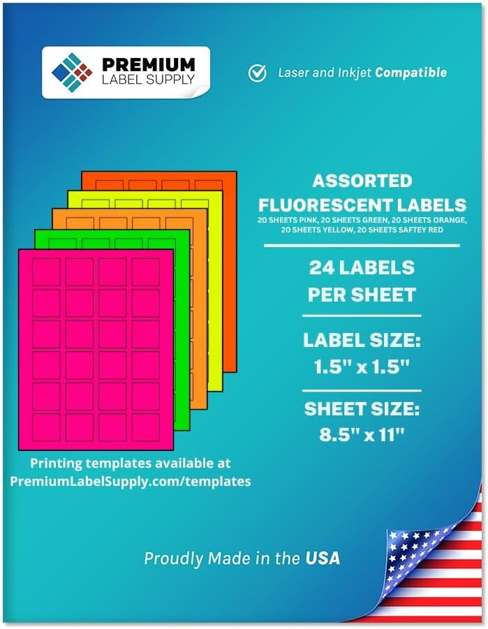 Premium Label Supply Bright Neon Color Fluorescent Sticker Labels - 1.5" x 1.5" Square Labels - (Assorted Fluorescent, 2,400 Labels)