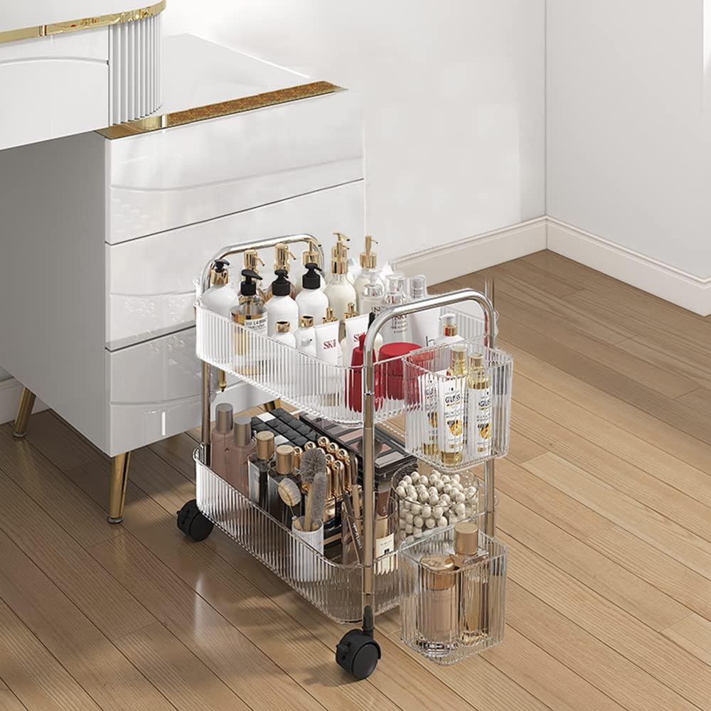 2-Tier Utility Rolling Cart Storage Organizer Sofa Side Table with Wheels, Under Desk Mobile Trolley Organizer with Handle and 2 Hanging Baskets for Office Home Kitchen Organization, Transparent