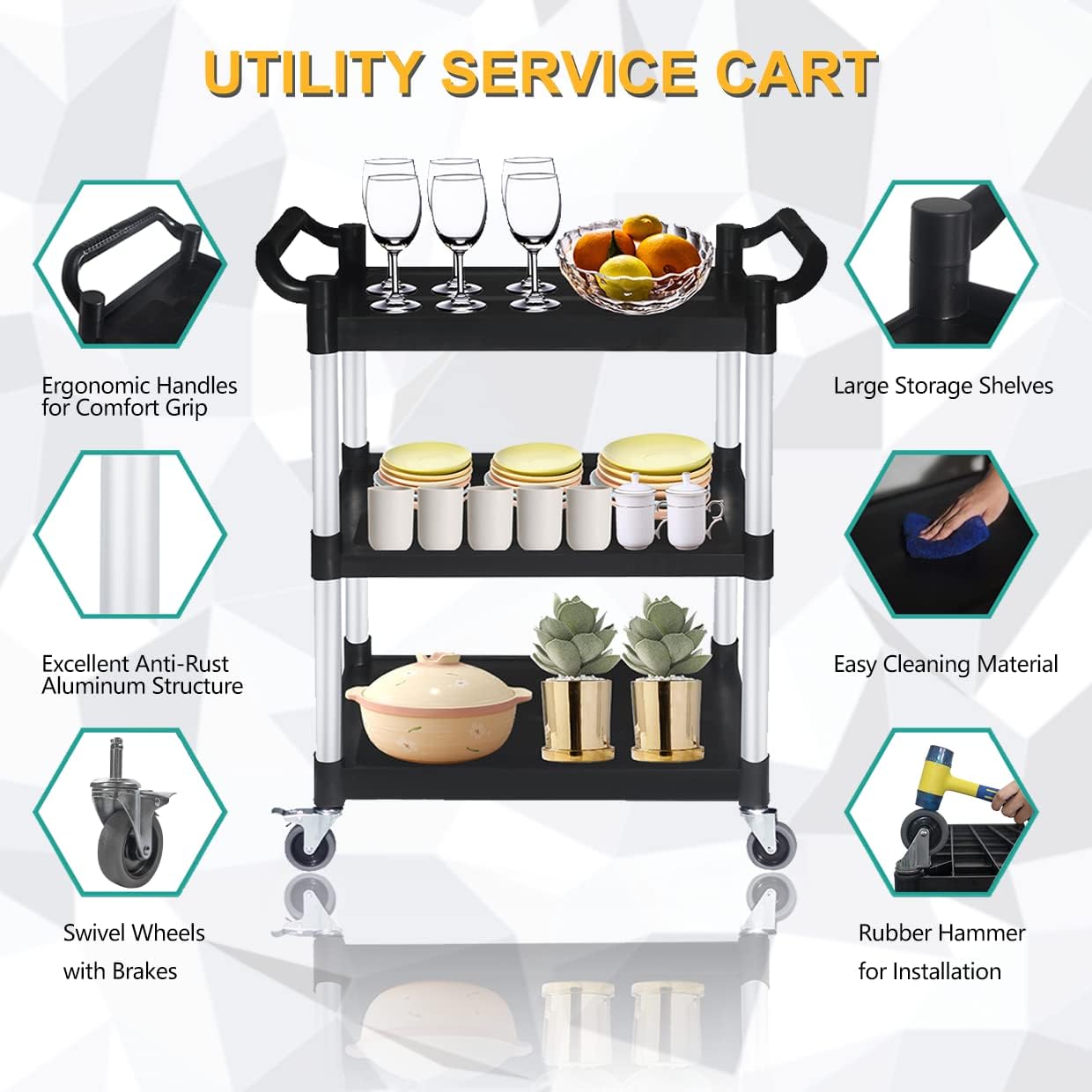 Plastic Utility Carts with Wheels, Heavy Duty 510lbs Capacity Rolling Service Cart, 3-Tier Restaurant Food Cart with Hammer for Office, Warehouse, Garage (Lockable Wheels, Black)