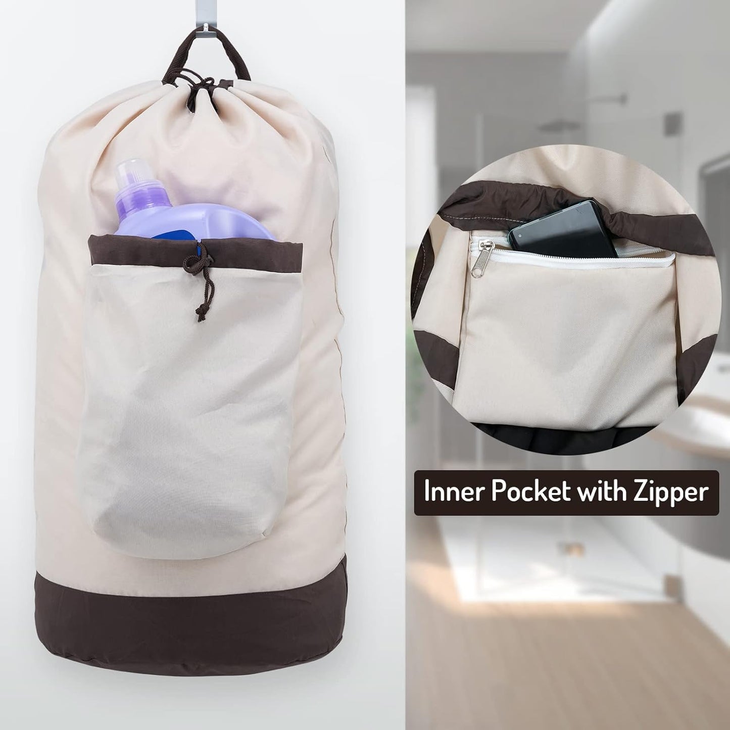 Laundry Bag Backpack with Shoulder Straps and Detergent Holder Clothes, Travel Laundry Backpack Bag Hamper for College Dorm Room (Khaki w Brown)