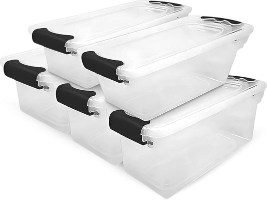 HOMZ 5-Pack Latching Lid, Clear Plastic Storage Organizer Bins, 7.5 Quart, Gray Latch - Stackable Organizing Containers for Home, Garage, and Office