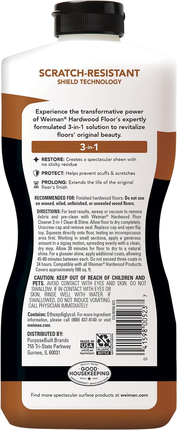 Weiman Hardwood Floor Cleaner and Polish - Cleans Vinyl Tile, Solid, Laminate, Natural Shine, No Residue, Removes Scratches, Leaves Protective Layer, 1 Gallon Mop Soap & 32 Oz Restorer