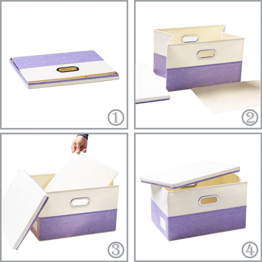 PRANDOM Collapsible Storage Bin with Lid [3-Pack] Fabric Foldable Storage Box Organizer Container Basket Cube with Cover for Home Bedroom Closet Office Nursery Purple&Cream(14.9x9.8x9.8)