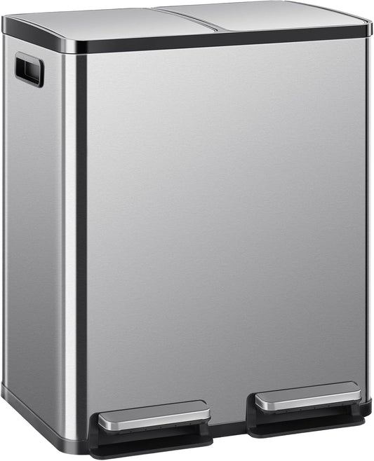 DUMOS Kitchen Trash Can, 2×8-Gallon Garbage Can with Lid, Stainless Steel Trash Bin with 2 Removable Inner Buckets, Soft-Close Foot Pedal, Fingerprint-Resistant for Kitchen Home Office