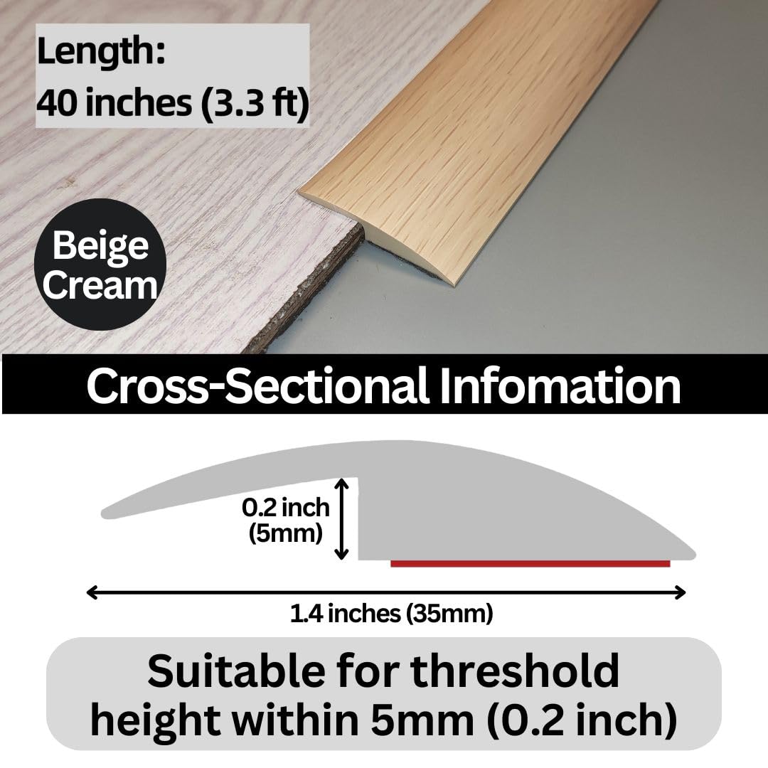 1/5 inch Height Floor Transition Strip, Self Adhesive Carpet Wood Tile Vinyl Flooring Laminate Transition Cover Edge Trim Gap Doorway Threshold for Uneven Floors (40 inches, Beige Cream)