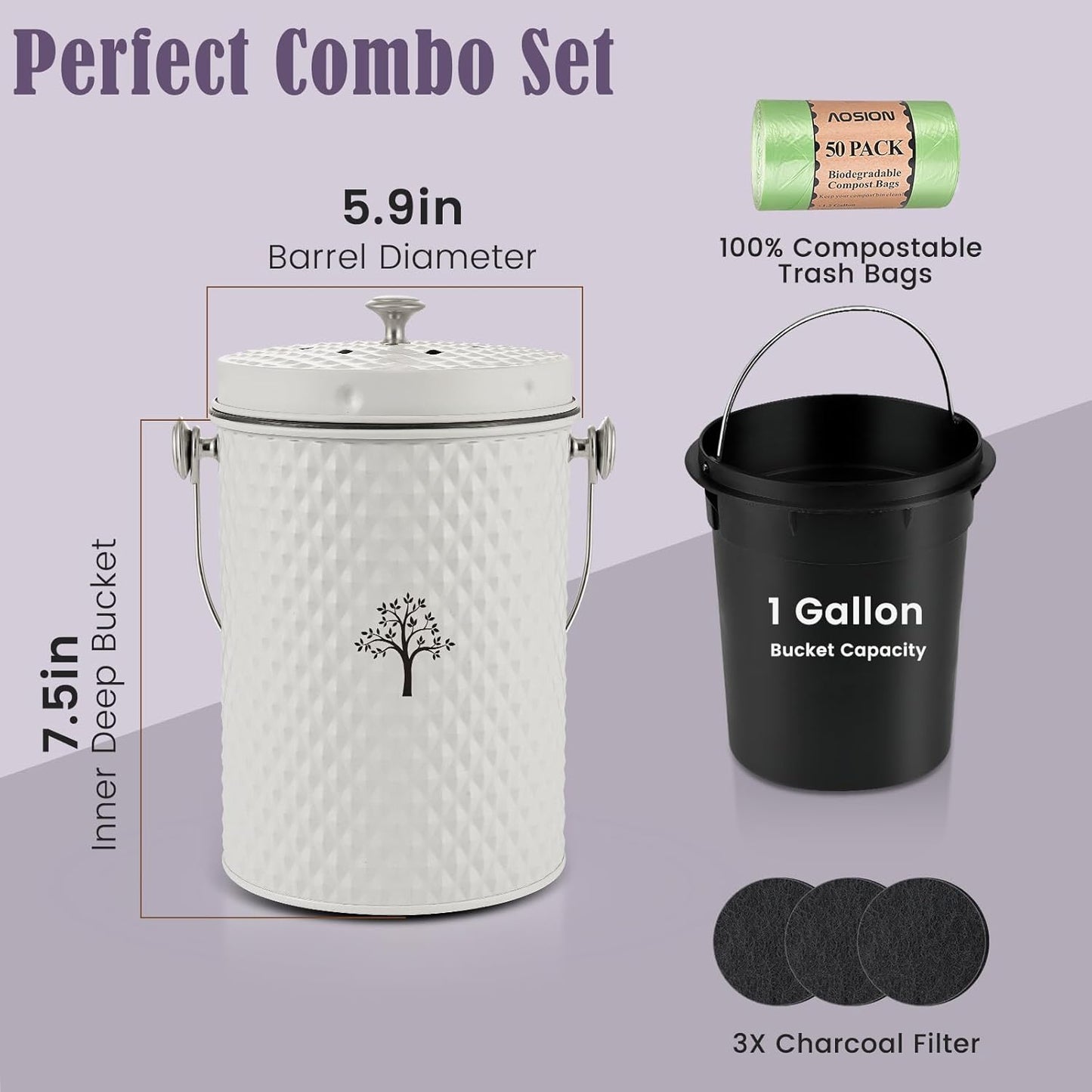 AOSION Countertop Compost Bin Kitchen,Odorless Indoor Compost Bin with Lid and Compost Bags,Compost Bucket Composter Container for Food Waste,Creamy White