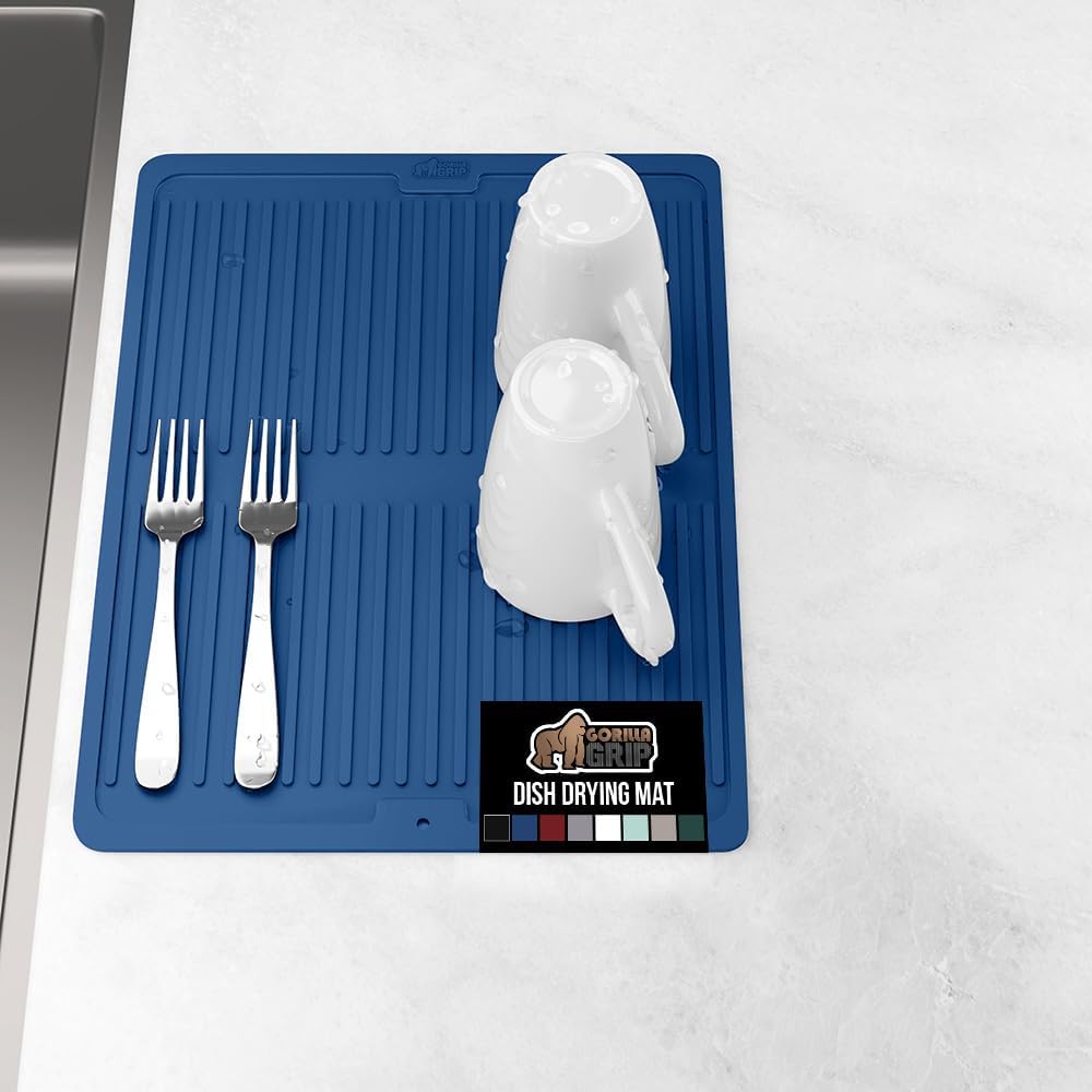 GORILLA GRIP 100% BPA-Free Patented Silicone Dish Drying Mat for Kitchen Counter, Water Catching Ribbed Design, Easy Clean Waterproof Sink Liner, Heat Resistant, Fits Under Rack, 13x11 Inch, Blue