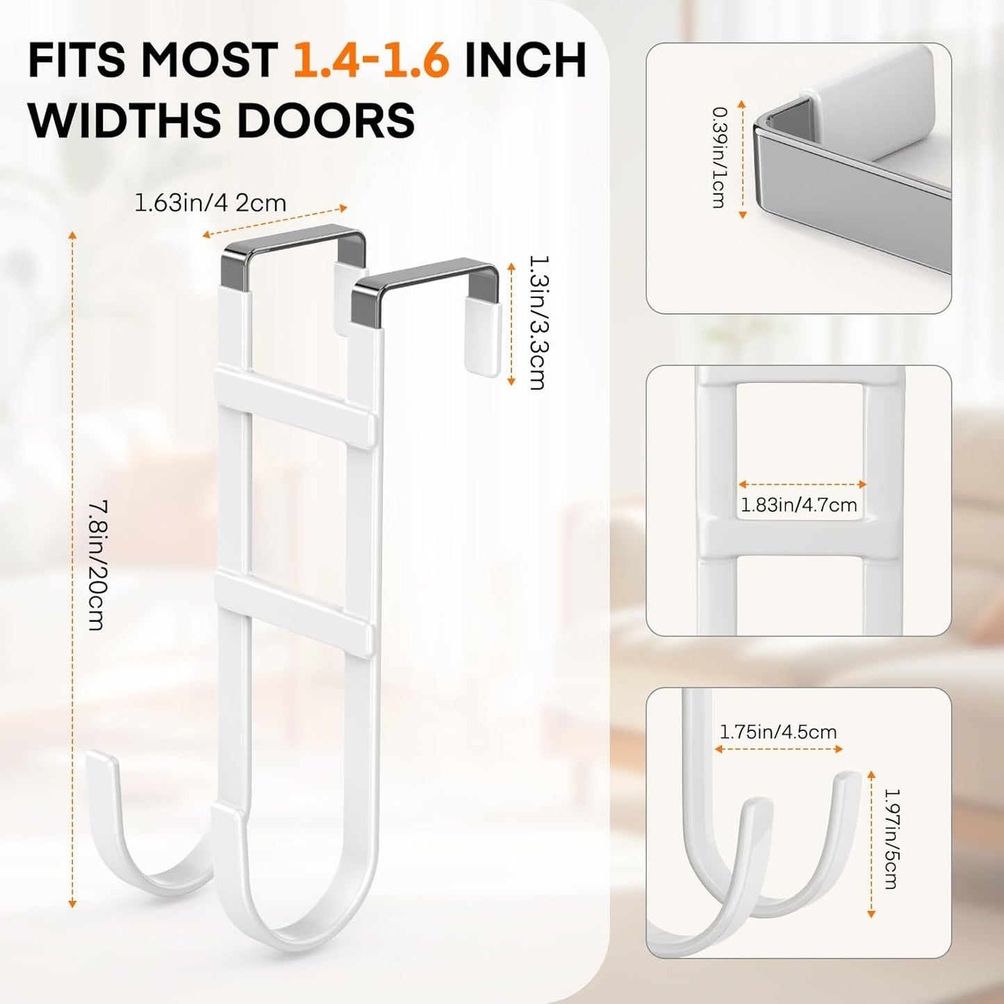 FYY Over The Door Hooks - 2 Pack Heavy Duty Dual-Hook Organizer Hanger with Non-Slip Rubber for Towels, Clothes, Hats & Bags Use in Bathroom, Bedroom, Kitchen - Fits Interior Doors Up to 1.6" White