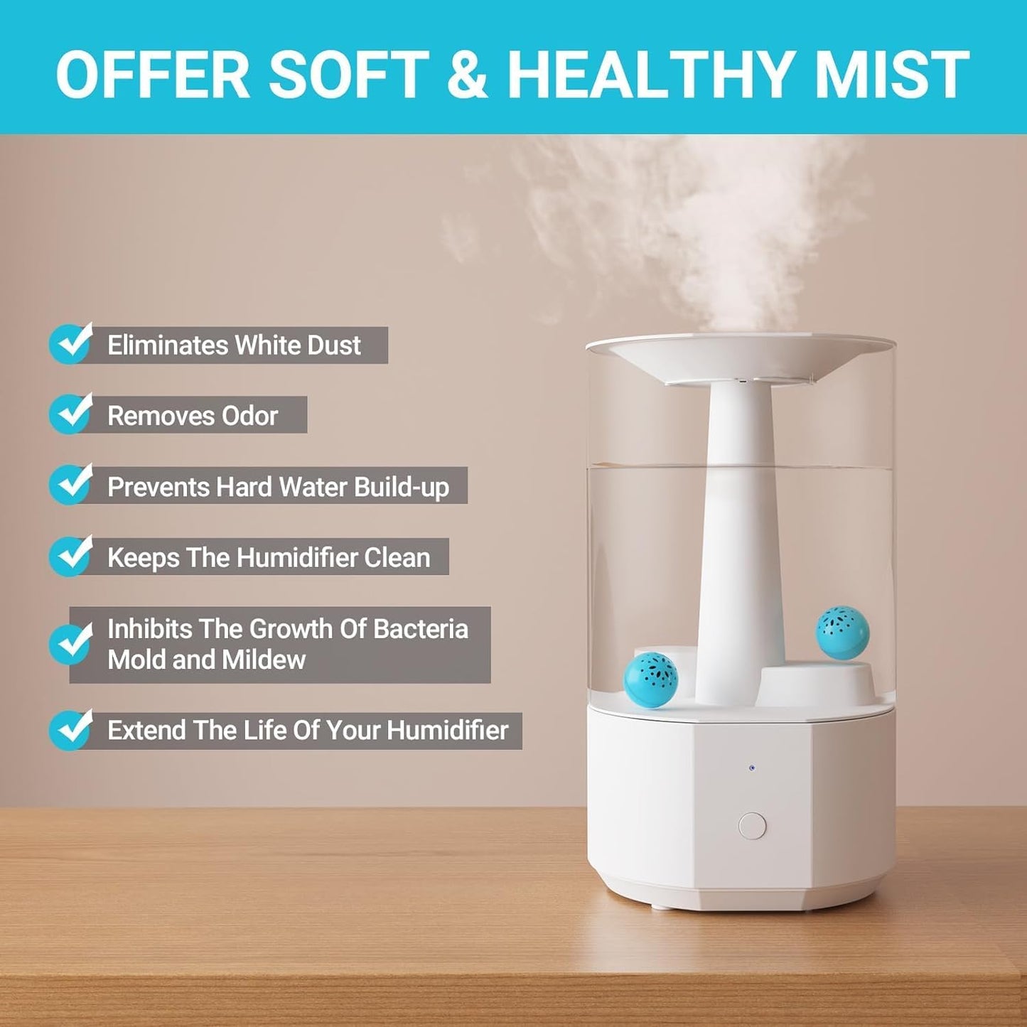 Humidifier Cleaning Ball – Fights Mold & Odor, Prevents Hard Water Build-Up, Eliminates White Dust, For All Humidifiers & Fish Tanks