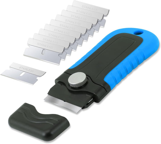 Gomake Razor Blade Scraper Tool with Blade Storage Container, Glass Cooktop Stove Scraper with 10PCS Stainless Steel Blades for Glass Clean,Paint,Old Label,Decal Sticker,Adhesive Remover (Blue)