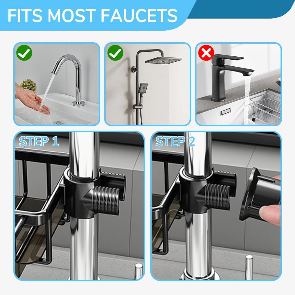 Sink Organizer Rack for Kitchen and Bathroom, 2024 New Kitchen Sink Faucet Organizer with Drip Tray Faucet Sponge Holder (Black, Right)