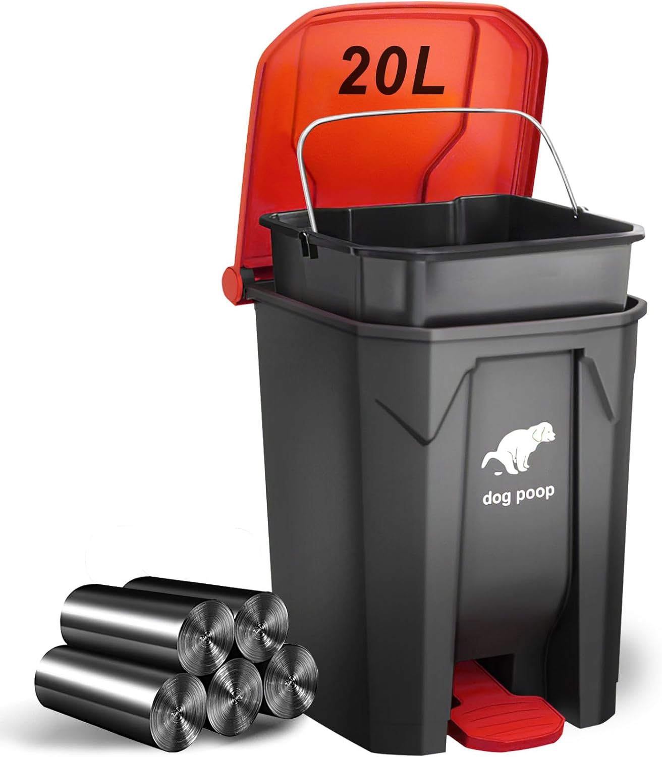Dog Poop Trash Can Outside, 20L/5Gallon Dog Waste Trash Can with Lid, Pedal and Removable Inner Waste Bin, Pet Poop Bucket with 100 Bags, Red