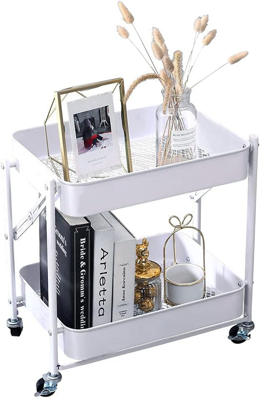 Melody House 2-Tier Metal Folding Rolling Cart, Mobile Utility Cart Trolley Storage Organizer for Office Home Kitchen Organization, Sofa Side End Table with Wheels, White
