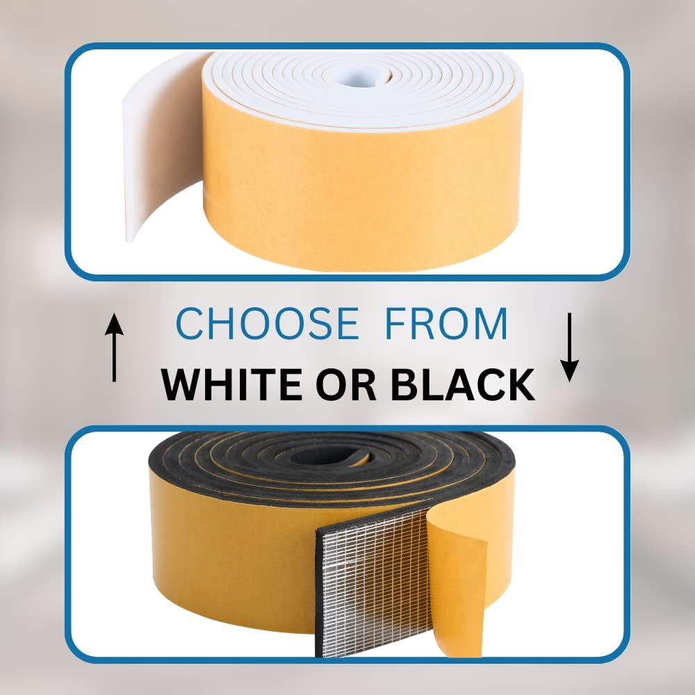 High Density Foam Weather Stripping Door Seal Strip Insulation Tape Roll for Insulating Door Frame, Window, Air Conditioner | Self Adhesive Sealing Weatherstrip (3 in x 1/4 in x 10 Ft, Black)