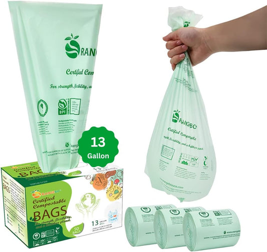 100% Compostable Trash Bags 13 Gallon Tall Kitchen, 100 Count, 0.9 Mil, Kitchen Compost Bags, Large Compostable Bags US BPI ASTM D6400 and OK Compost Home Certified