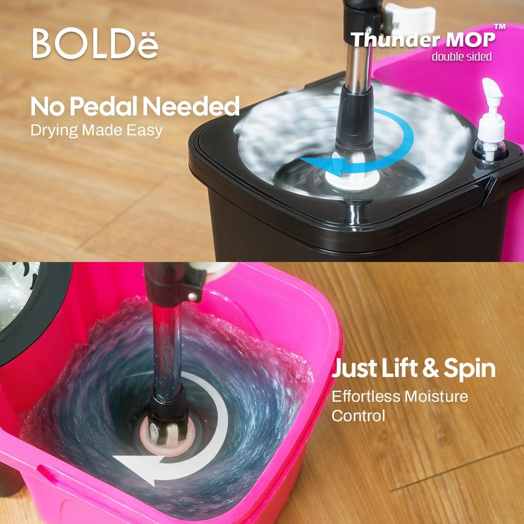 Thunder Mop Spin System - 2 Compact Stackable 6L Buckets, Microfiber Head, Stainless Steel Wringer, Antifungal Quick-Dry Cleaning, Soap Dispenser, 3 Free Refills (Lt Green/Dk Green)