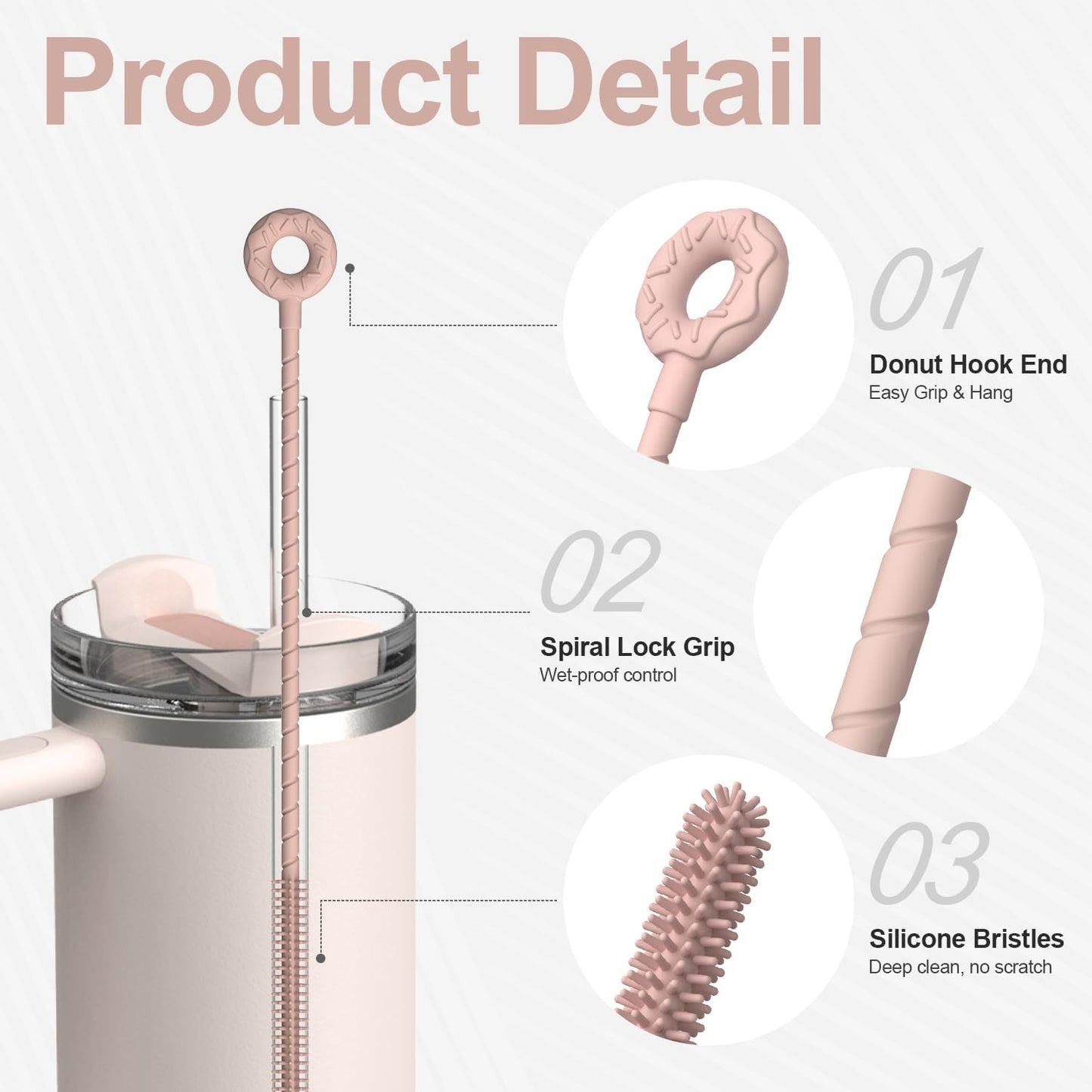 YOTIME Silicone Straw Cleaner Brush, 2 Pcs Reusable Straw Brush(6mm+9mm) for Cleaning Narrow & Wide Straws, Tumblers, Pink