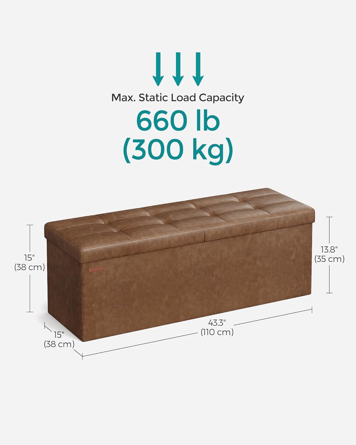 SONGMICS MAZIE Collection - 43 Inches Storage Ottoman Bench with Flipping Lid, Storage Chest with Iron Frame Support, Load 660 lb, for Living Room, Bedroom, Synthetic Leather, Coffee Brown ULSF075K01