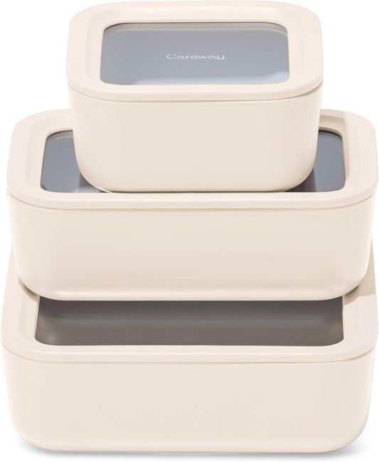 Caraway 3pc Glass Food Storage Set – 10 Cup, 6.6 Cup, & 4.4 Cup Food Containers - Ceramic Coated - Non Toxic Non Stick Lunch Box with Glass Lids - Dishwasher, Oven, & Microwave Safe - Cream