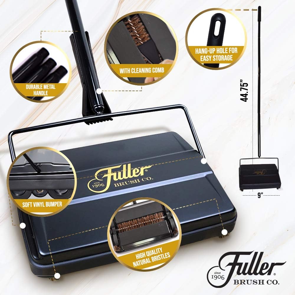 Fuller Brush Electrostatic Carpet & Floor Sweeper with Additional Rubber Rotor - 9" Cleaning Path - Lightweight - Ideal for Crumby & Wet Messes - Works On Carpets & Hard Floor Surfaces (Black)