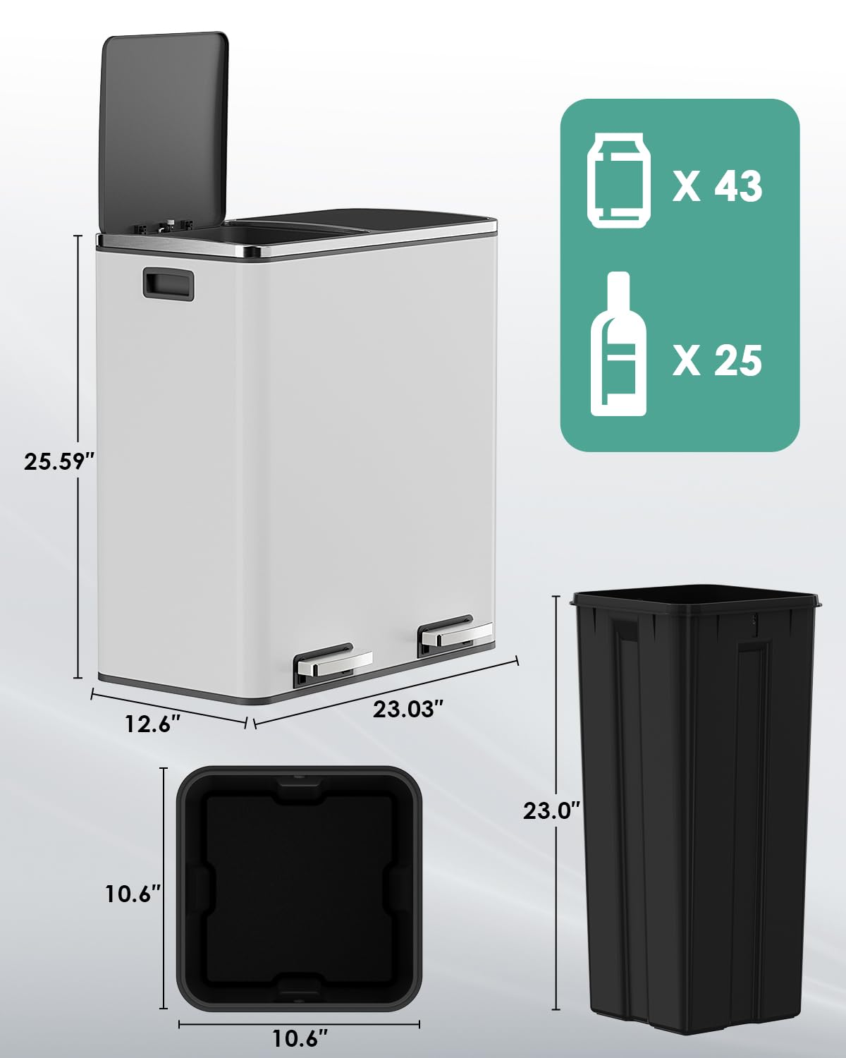 AthLike 60L(16 Gal) Dual Trash Can, Stainless Steel Kitchen Garbage Can, Double Compartment Classified Rubbish Bin, Recycle Dustbin w/Plastic Inner Buckets, Soft-Close Lid, Airtight, White
