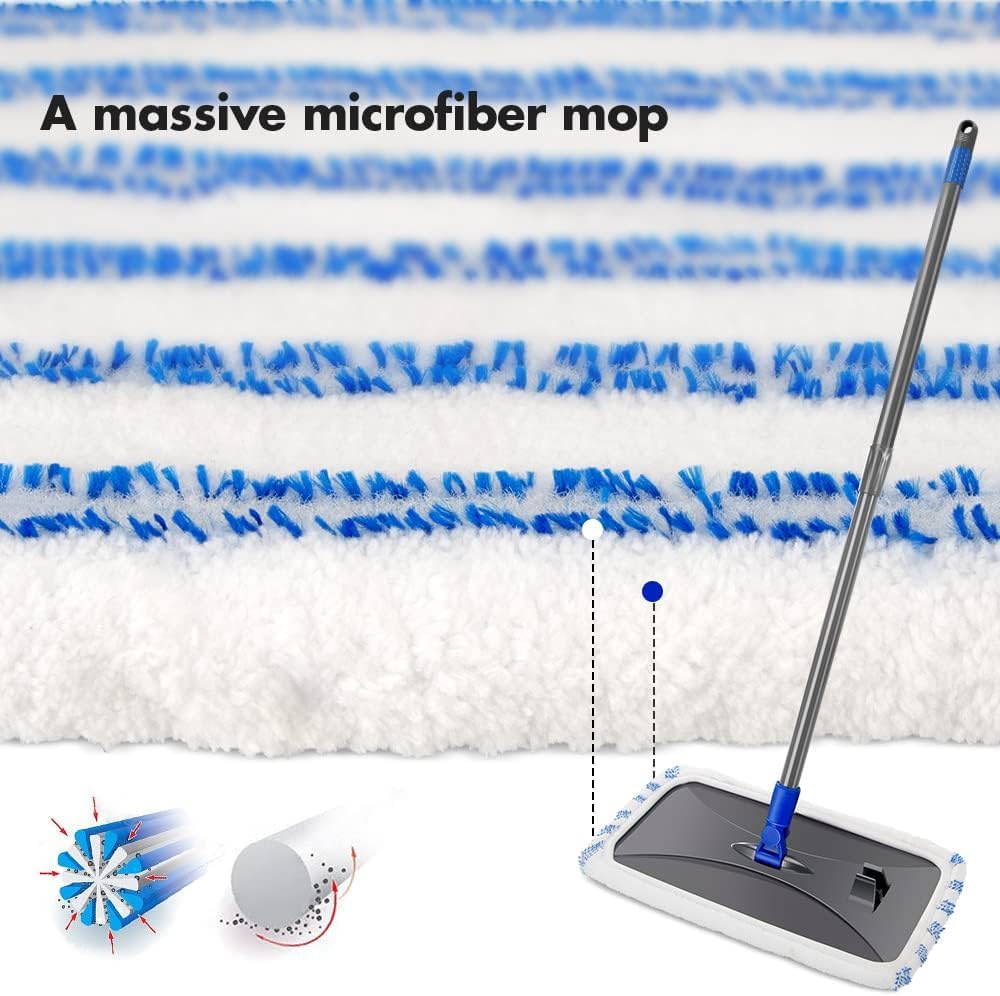 Masthome Extra Large Microfiber Mop for Floor Cleaning, 16“ Flat Mop with 5 Pad for Wet & Dry Use, Dust Mop for Hardwood Laminate Tile Ceramic, 1 Cleaning Scraper Included-Blue