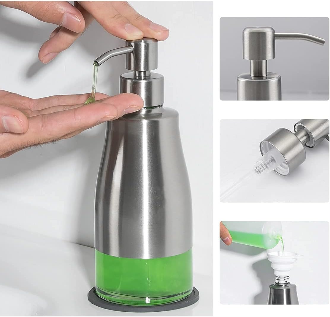 Gaussra Soap Dispenser with Coaster and Stickers, Brushed Nickel Stainless Steel Case Glass Liner Hand Pump Dispenser, Refillable Liquid Hand Soap Dispenser for Bathroom & Kitchen (11OZ / 320ML)