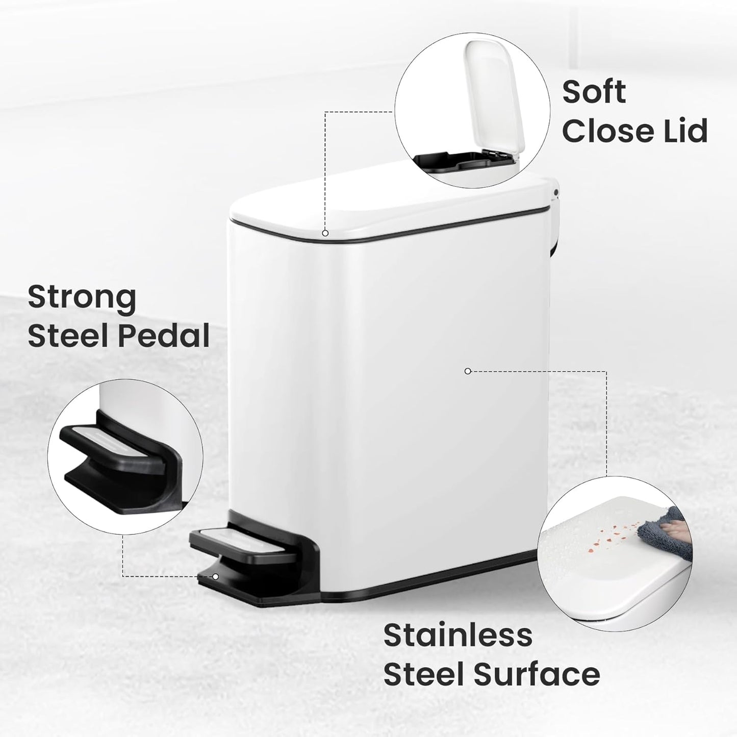 Cesun Small Bathroom Trash Can with Lid Soft Close, Step Pedal, 6 Liter / 1.6 Gallon Stainless Steel Slim Garbage Can for Bedroom, Diaper Waste Basket with Removable Inner Bucket (White)