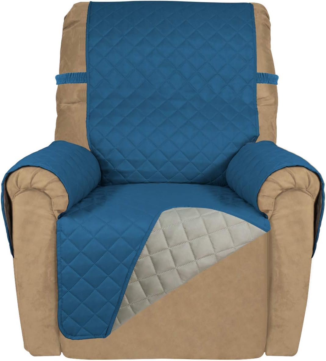 PureFit Reversible Quilted Sofa Cover, Water Resistant Slipcover Furniture Protector, Washable Couch Cover with Non Slip and Elastic Straps for Kids, Dogs, Pets (Small Recliner, Peacock Blue/Beige)