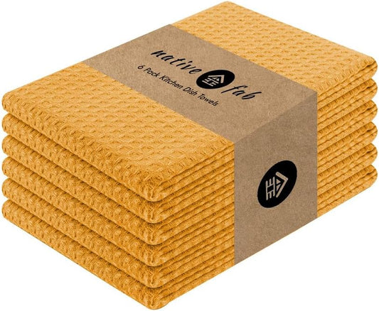 Native Fab Cotton Kitchen Towel with Hanging Loop 16x26 inches, 6-Pack, Waffle Weave Kitchen Towels for Cleaning Drying, Washcloths Soft & Absorbent Cloth Rags, Bar Towel, Dish Cloth, Mustard Yellow