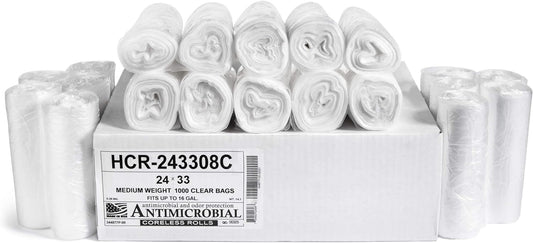 Aluf Plastics High Density Trash Bags, 16 Gallon, 1000 Count, 8 Micron (eq), 24" x 33", Clear, for Bathroom, Office, Industrial, Commercial, Janitorial, Municipal, Recycling