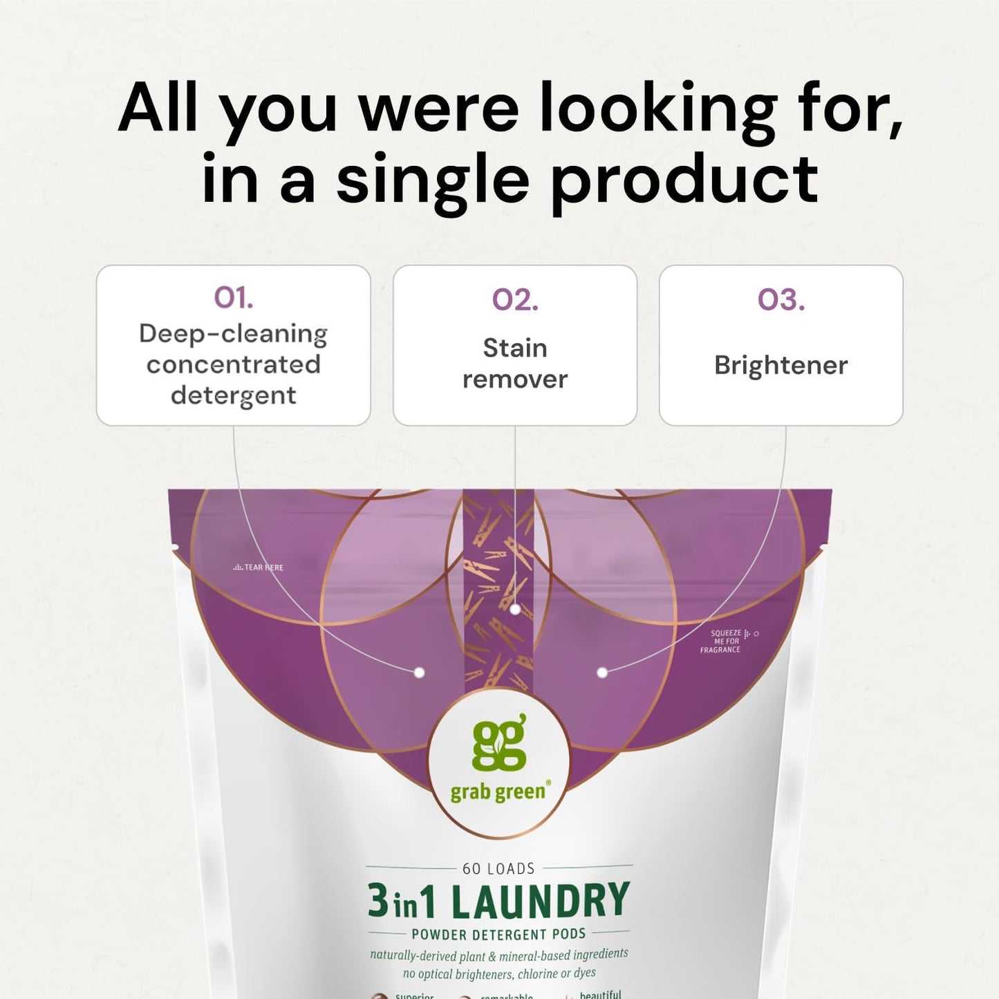 Grab Green 3-in-1 Laundry Detergent Pods, 60 Count, Vetiver Scent, Plant and Mineral Based, Superior Cleaning Power, Stain Remover, Brightens Clothes