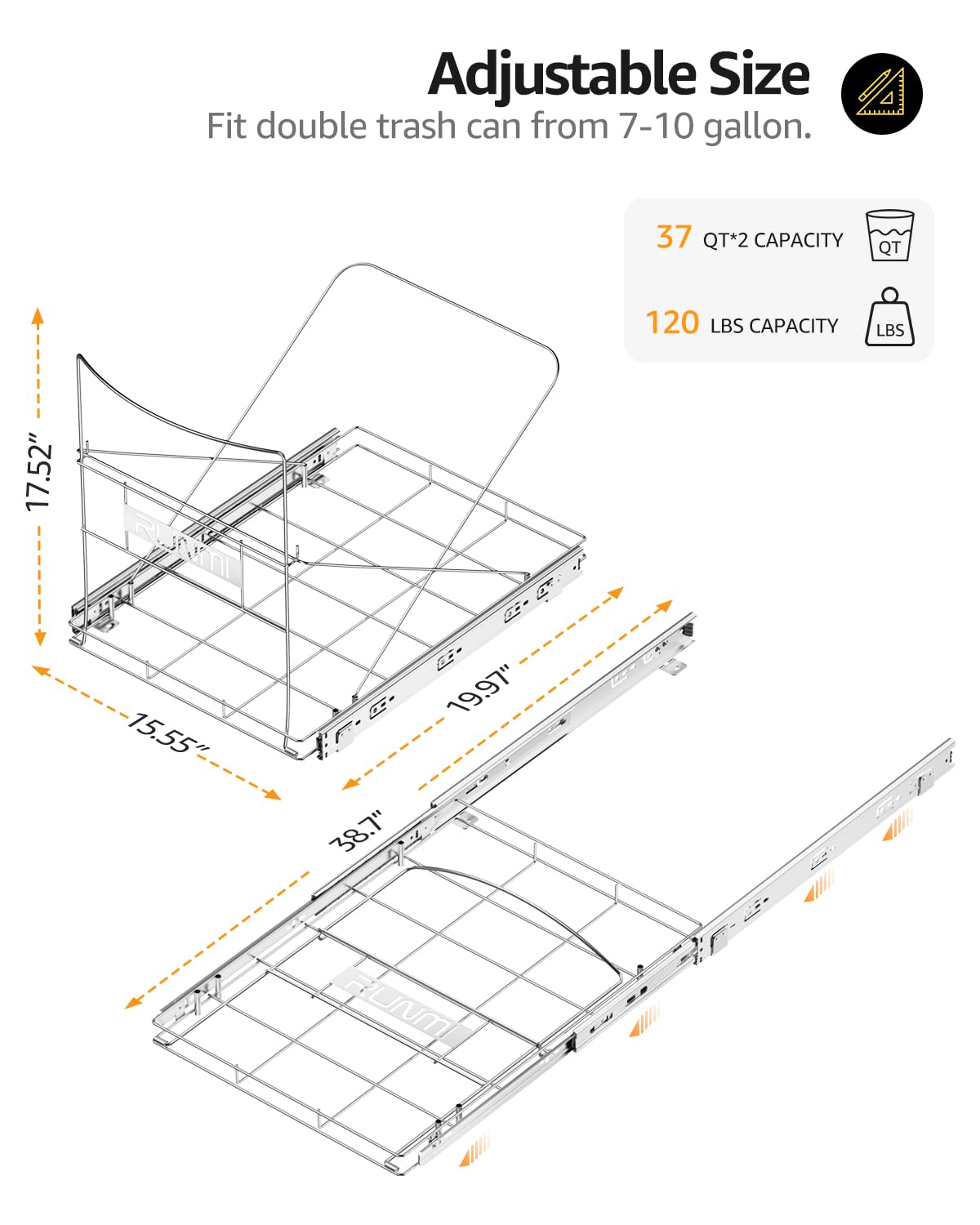 Double 37 Quart Pull Out Trash Can Under Cabinet, Under Sink Trash Rack, 70 Liter Total Capacity, Cabinet Trash Pull Out Kit, Trash Bin Not Included