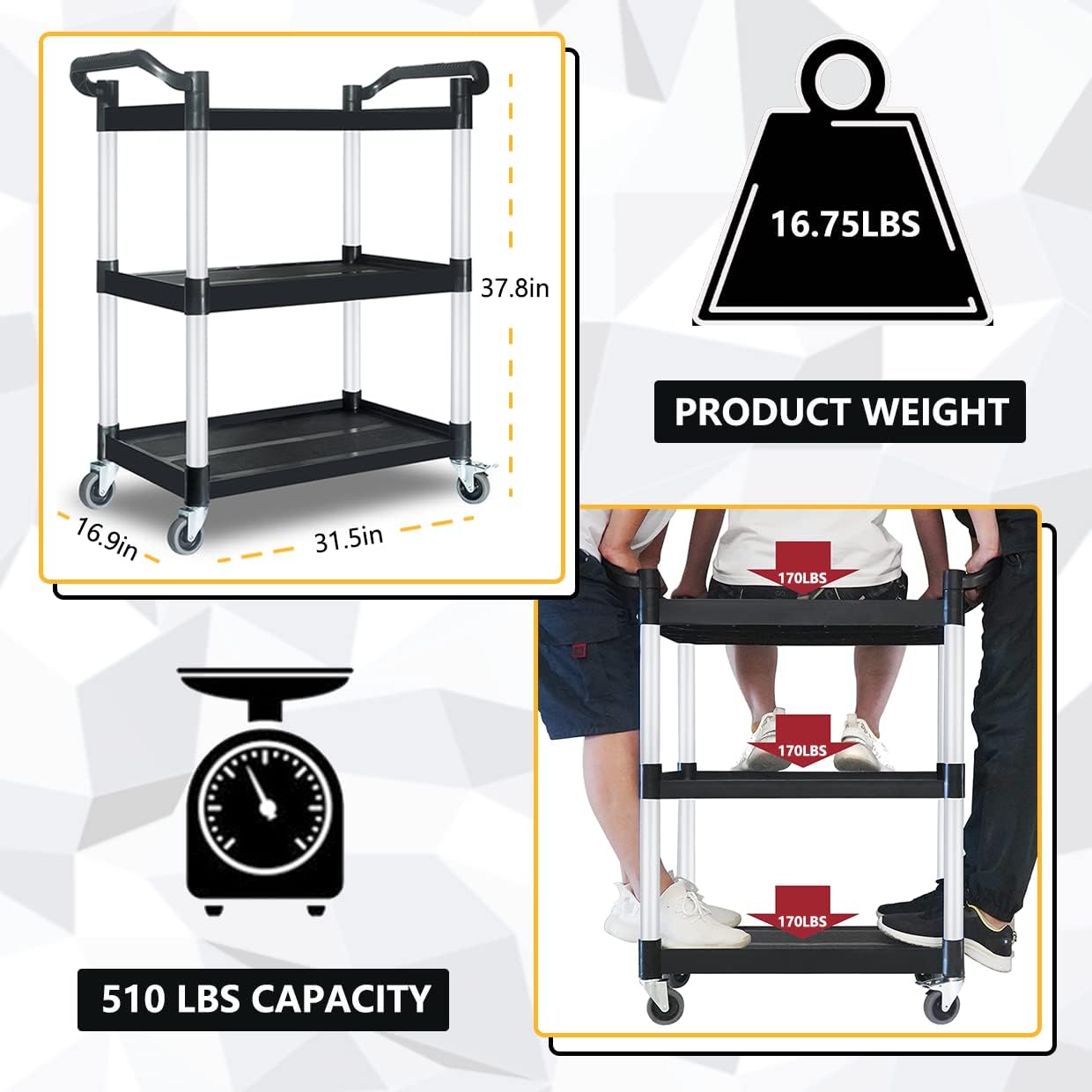 Plastic Utility Carts with Wheels, Heavy Duty 510lbs Capacity Rolling Service Cart, 3-Tier Restaurant Food Cart with Hammer for Office, Warehouse, Garage (Lockable Wheels, Black)