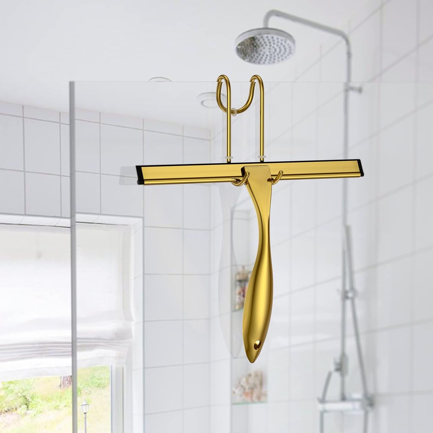 Shower Squeegee and Window Squeegee, Stainless Steel, 100% Streak-Free, Cleaner for Bathroom Showers Glass Doors, Home Mirrors, Car Windows Wiper, Adhesive Holder, Shower Door Hook, 10 Inch, Gold