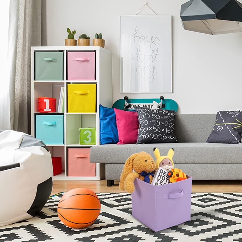 Stero Fabric Storage Bins 6 Pack Fun Colored Durable Storage Cubes with Handles Foldable Cube Baskets for Home, Kids Room, Closet and Toys Organization Cyan, Green, Yellow, Purple, Pink and Peachpuff