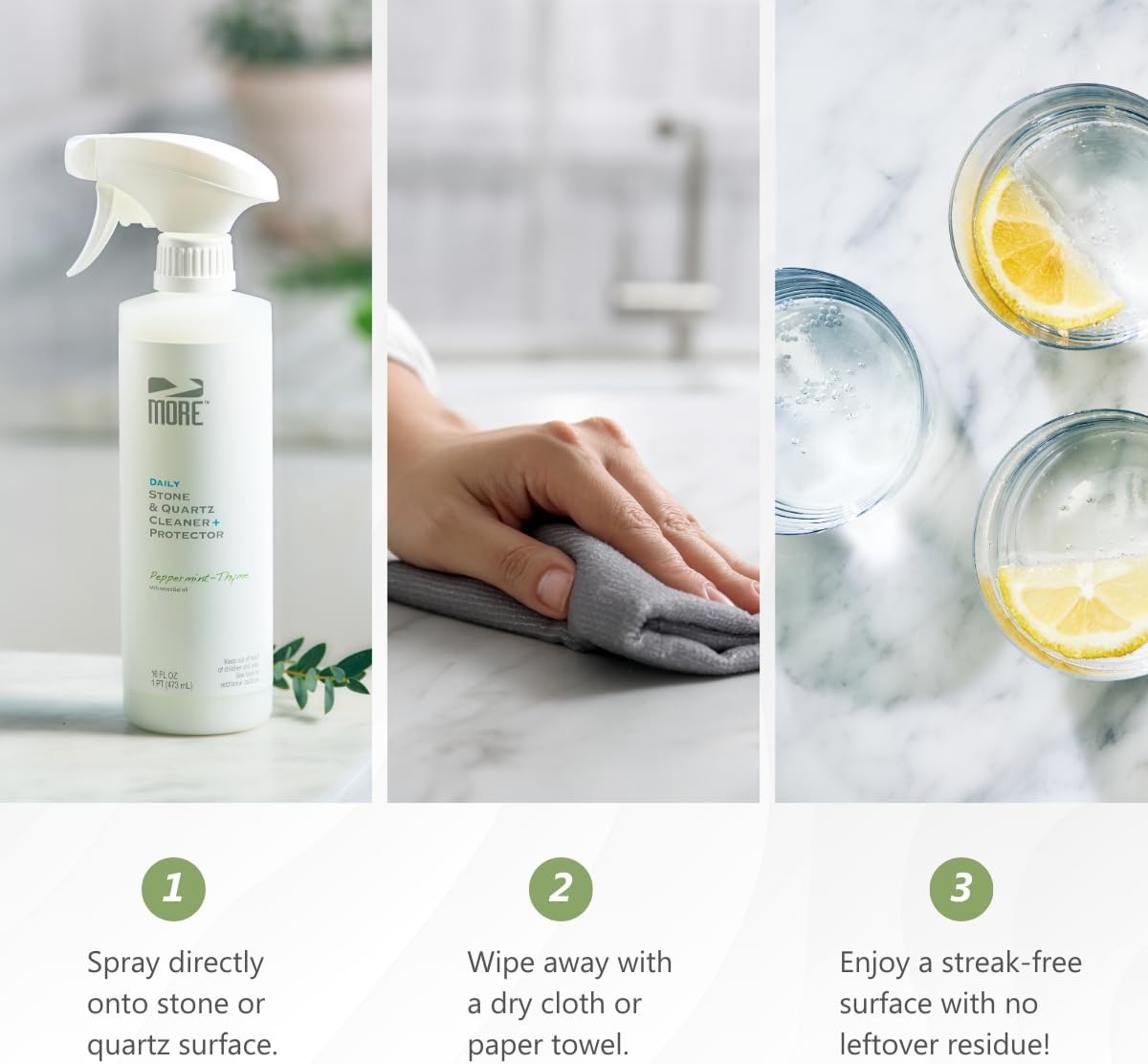 MORE Stone & Quartz Cleaner + Protector - Water-Based Surface Spray - Granite, Quartz & Marble Cleaner - For Kitchen & Bathroom Countertops & Floors - Peppermint-Thyme Essential Oil - Pint (16oz)