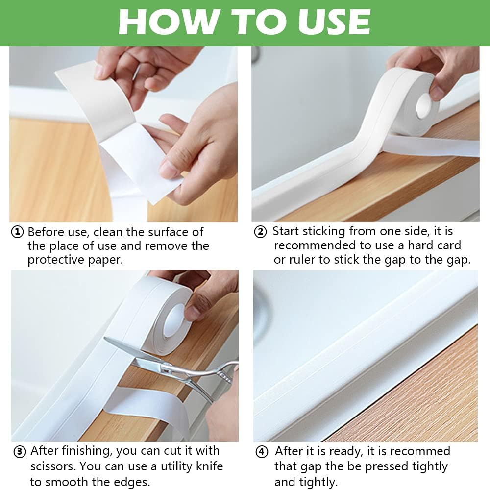 2 Pack Caulk Strip, 1.5" x 10.5Ft PVC Self Adhesive Caulk Tape, Sealing Waterproof Silicone Tape for Bathroom Bathtub Kitchen Toilet Wall Windows