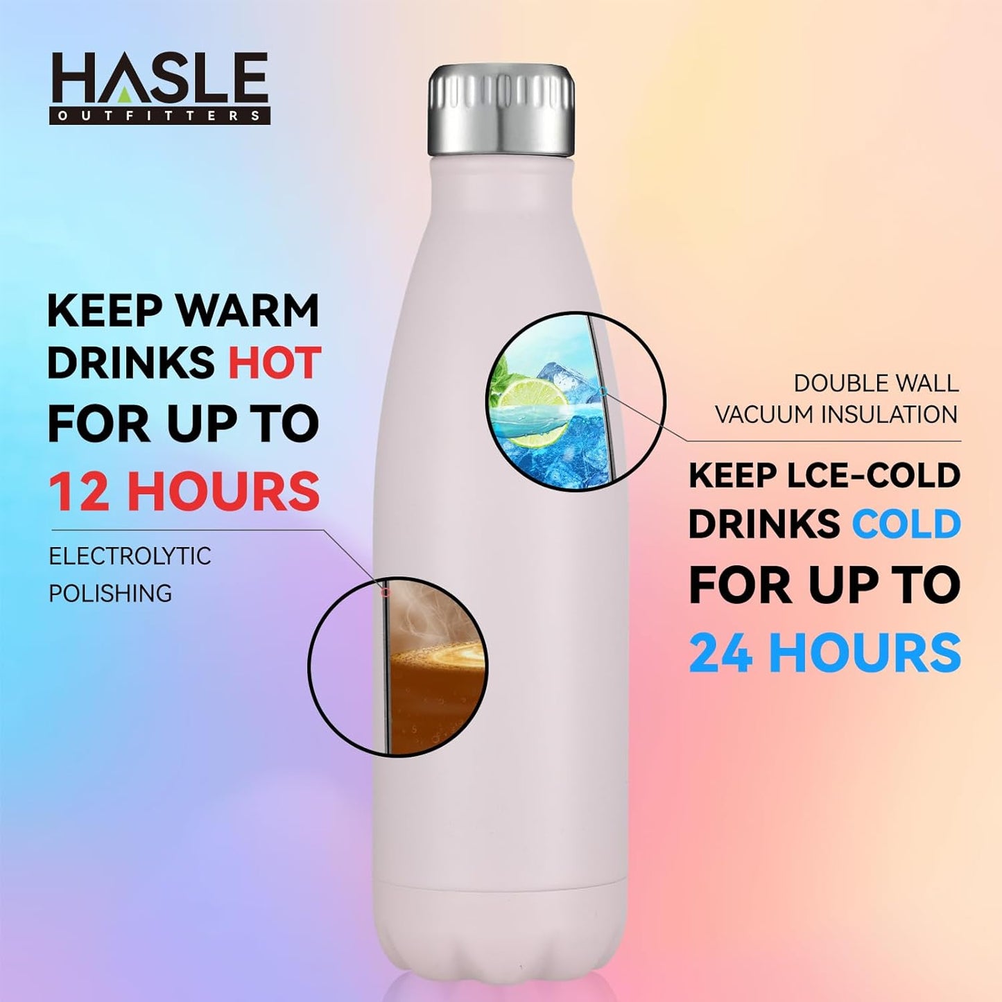 HASLE OUTFITTERS 17oz Stainless Steel Water Bottles, Vacuum Insulated Water Bottles Double Walled Powder Coated Reusable Metal Sports Water Bottles Keep Drinks Hot and Cold, Pink, 1Pack